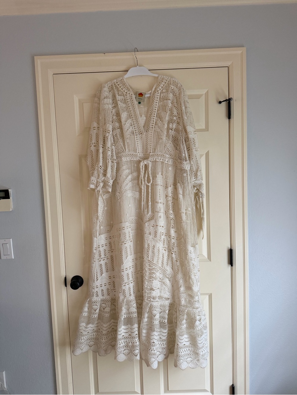 Farm Rio Cream Lace Morada Guipure Crochet Maxi Dress with Tie Waist - Picture 11 of 13